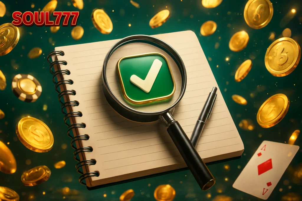 SOUL777 Editorial Policy – Magnifying glass examining an open notebook with a pen, symbolizing thorough research and fact-checking