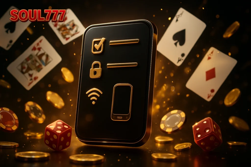 SOUL777 – Troubleshooting checklist for SOUL777 login issues, featuring access and connectivity icons.